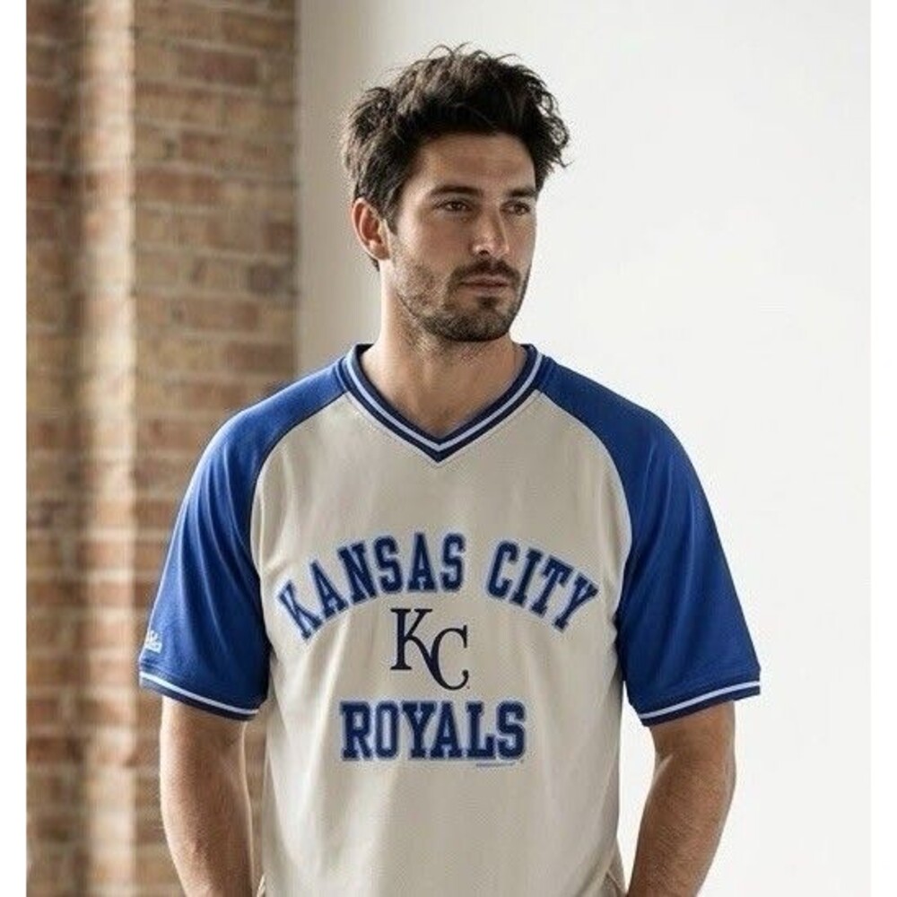 Stitches Kansas City Royals Baseball Jersey Shirt Mens Large Gray Blue V-Neck